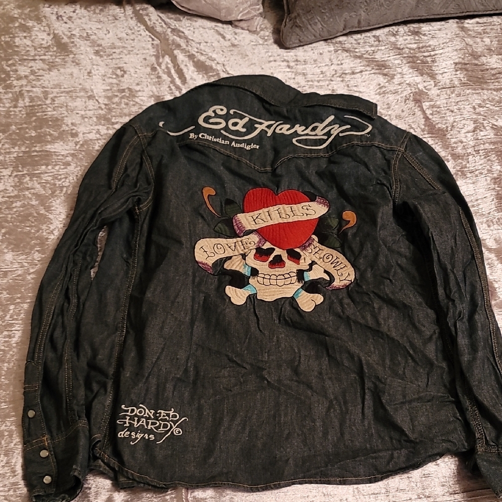 Rare Ed Hardy Men's Large Snap Pearl Dark Denim Shirt - Picture 6 of 10